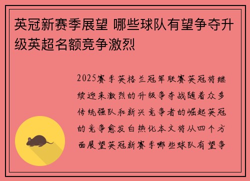 英冠新赛季展望 哪些球队有望争夺升级英超名额竞争激烈 英冠新赛季展望 哪些球队有望争夺升级英超名额竞争激烈