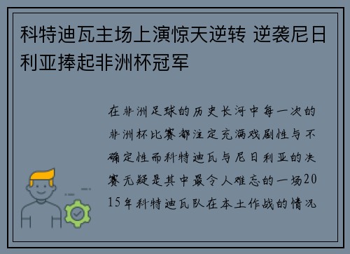 科特迪瓦主场上演惊天逆转 逆袭尼日利亚捧起非洲杯冠军